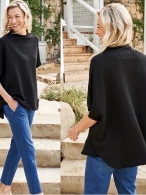Frank and Eileen AUDREY Funnel Neck Fleece Capelet Poncho Black OS